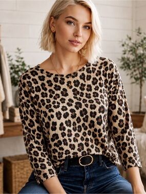 Leopard Print Animal Print Top Size 10 Brown Black Stretch 3/4 Sleeve Casual